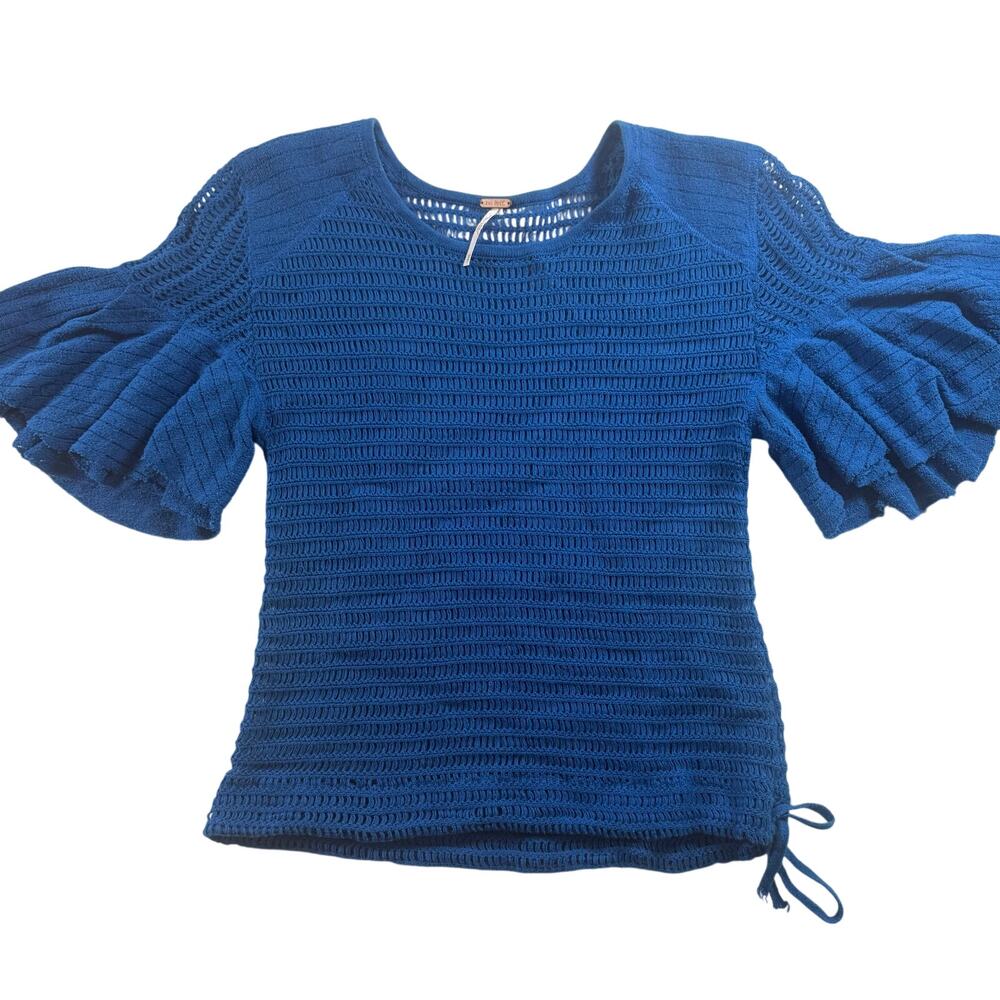 Free People Babes Only Open Knit Top Ruffle Flutter Sleeve Bright Blue XS